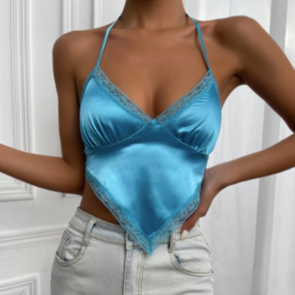 SHEIN - Backless Knotted Lace Trim Satin Halter Top